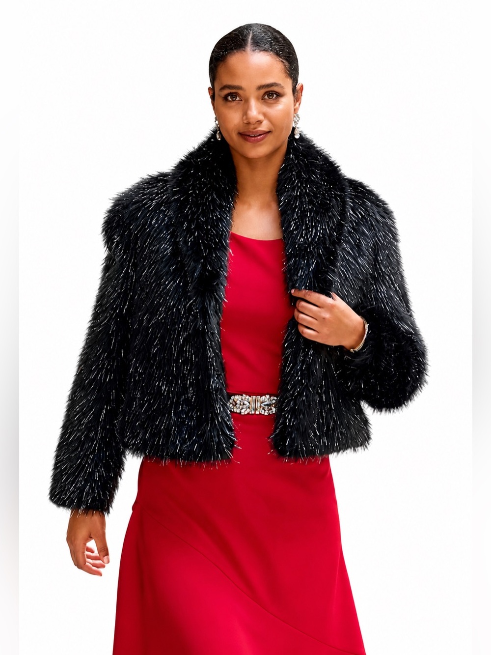 NWT Boston Proper Metallic Faux Fur Shawl Collar Chubby Jacket Black Size S
